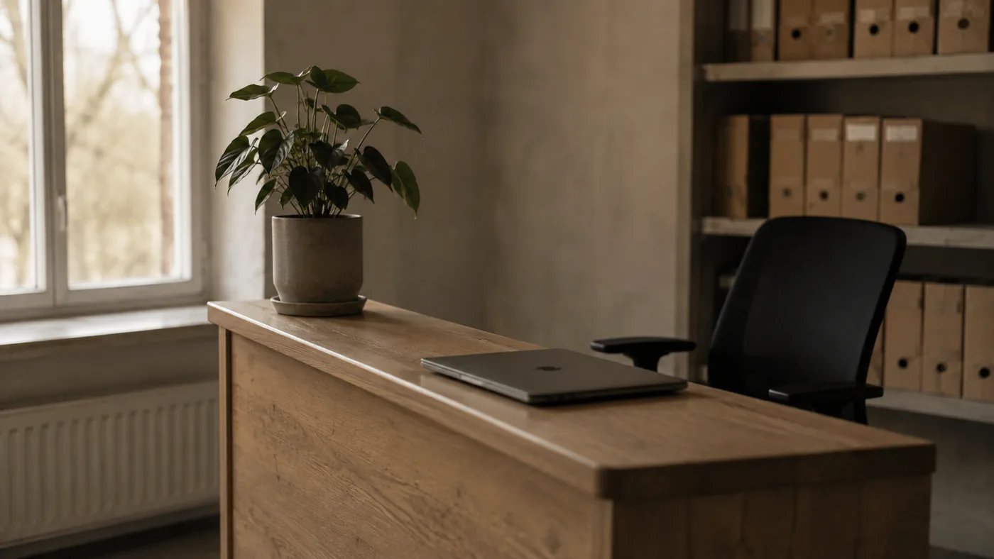 De balie van een klein kantoor, met een dichte laptop en een plant.
