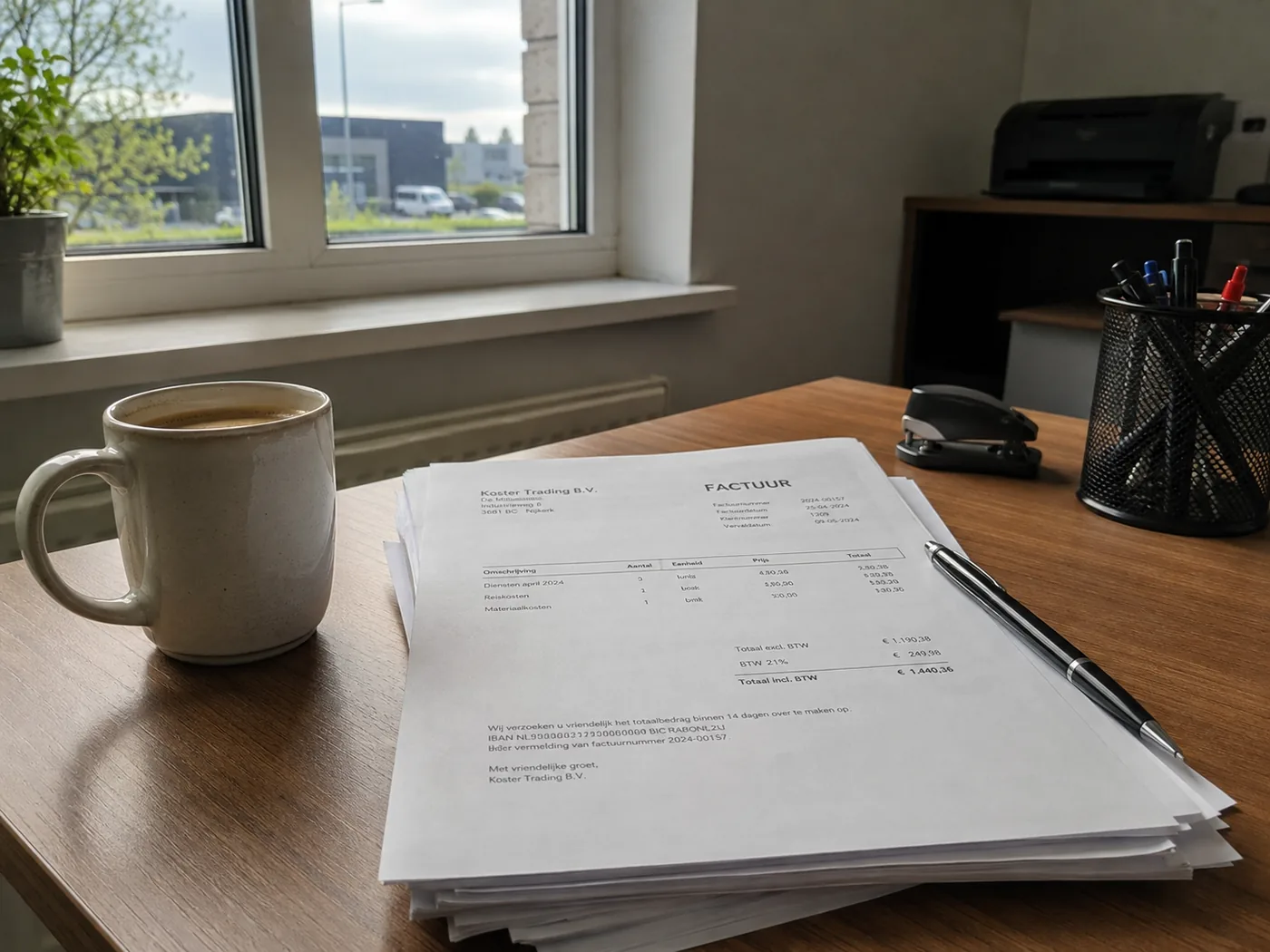 Een kop koffie op een bureau, met een stapel papieren erachter.